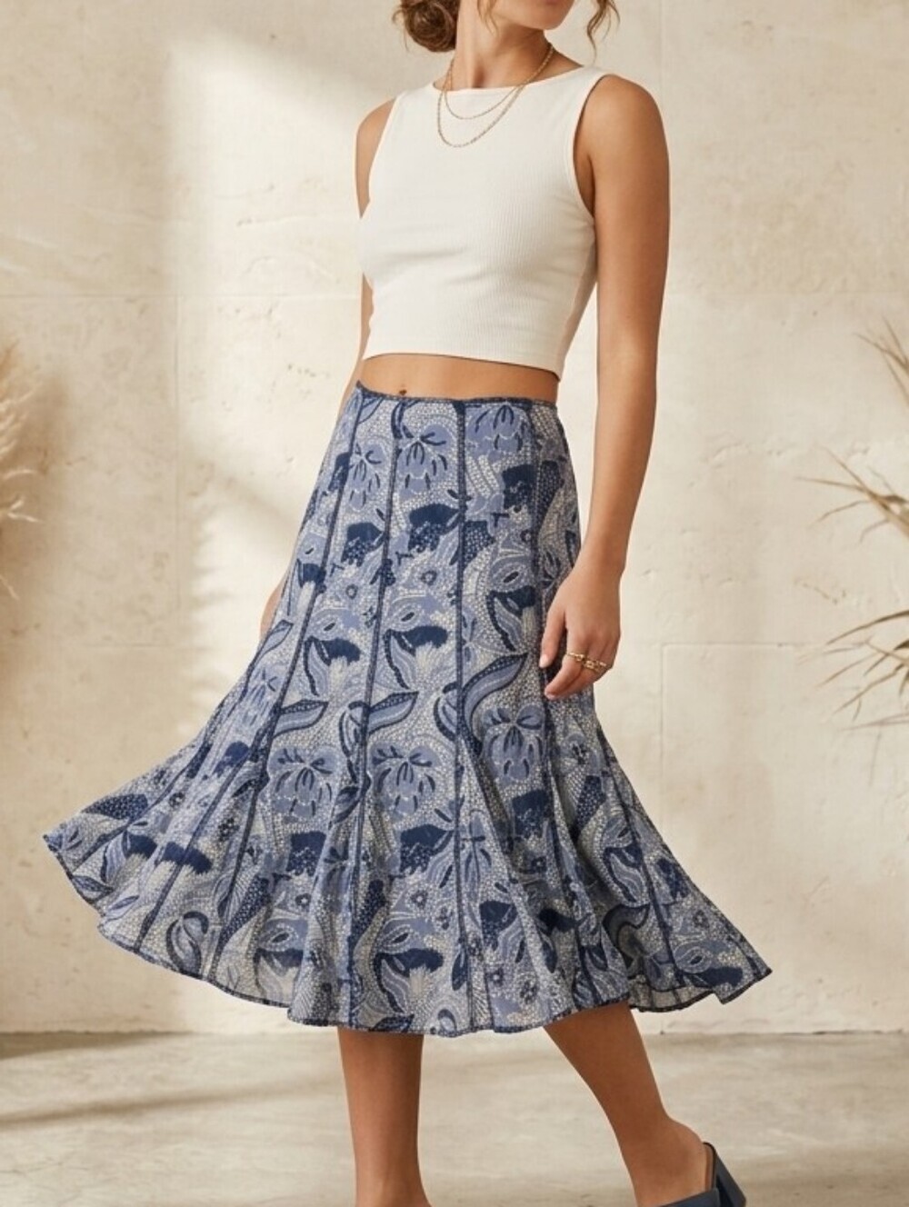 Blue 100% Cotton Paisley Midi Skirt 24" Sz M Boho Trendy